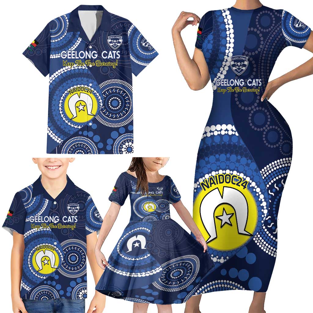Custom AFL Geelong NAIDOC Week Family Matching Short Sleeve Bodycon Dress and Hawaiian Shirt Keep The Fire Burning Indigenous Art
