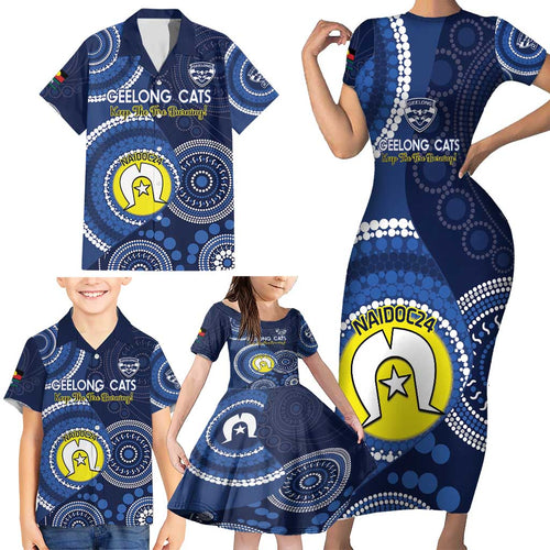 Custom AFL Geelong NAIDOC Week Family Matching Short Sleeve Bodycon Dress and Hawaiian Shirt Keep The Fire Burning Indigenous Art