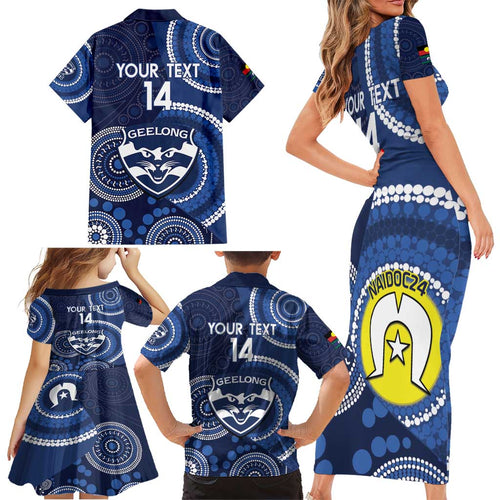 Custom AFL Geelong NAIDOC Week Family Matching Short Sleeve Bodycon Dress and Hawaiian Shirt Keep The Fire Burning Indigenous Art