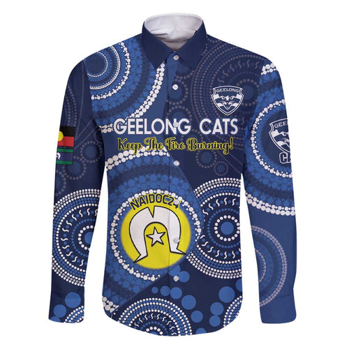 Custom AFL Geelong NAIDOC Week Family Matching Short Sleeve Bodycon Dress and Hawaiian Shirt Keep The Fire Burning Indigenous Art