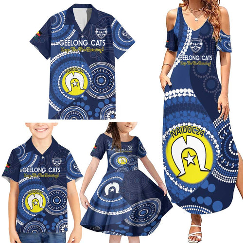 Custom AFL Geelong NAIDOC Week Family Matching Summer Maxi Dress and Hawaiian Shirt Keep The Fire Burning Indigenous Art