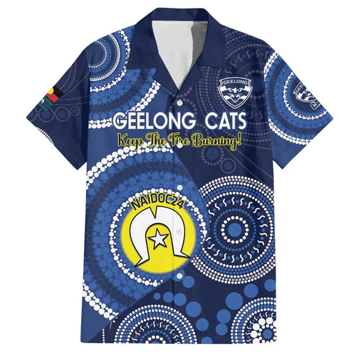 Custom AFL Geelong NAIDOC Week Family Matching Summer Maxi Dress and Hawaiian Shirt Keep The Fire Burning Indigenous Art