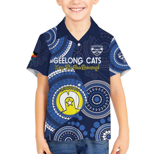 Custom AFL Geelong NAIDOC Week Family Matching Summer Maxi Dress and Hawaiian Shirt Keep The Fire Burning Indigenous Art