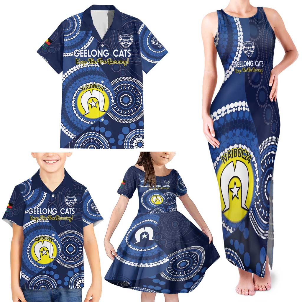 Custom AFL Geelong NAIDOC Week Family Matching Tank Maxi Dress and Hawaiian Shirt Keep The Fire Burning Indigenous Art