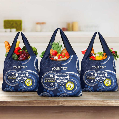 Custom AFL Geelong NAIDOC Week Grocery Bag Keep The Fire Burning Indigenous Art