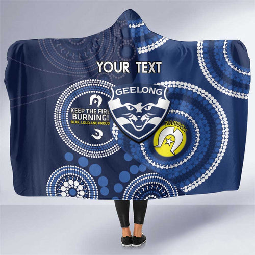 Custom AFL Geelong NAIDOC Week Hooded Blanket Keep The Fire Burning Indigenous Art