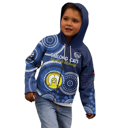 Custom AFL Geelong NAIDOC Week Kid Hoodie Keep The Fire Burning Indigenous Art