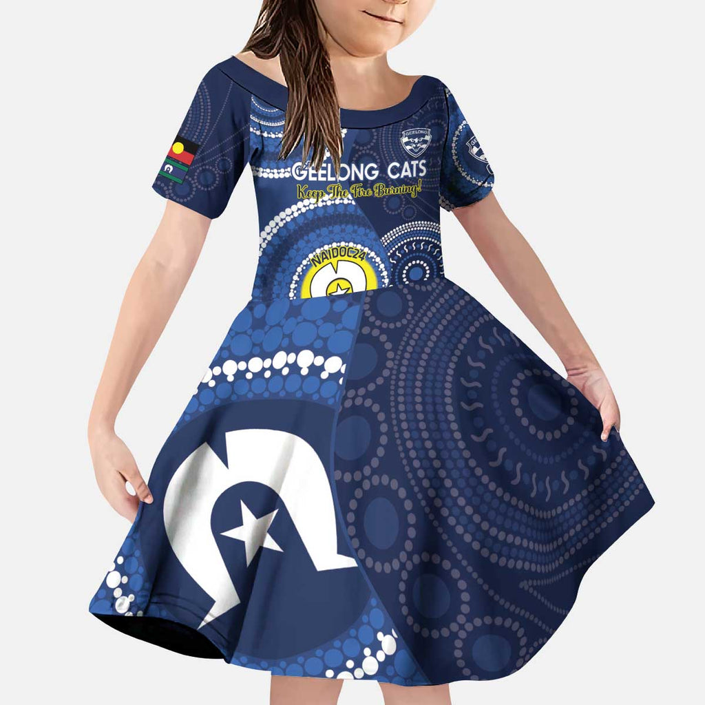 Custom AFL Geelong NAIDOC Week Kid Short Sleeve Dress Keep The Fire Burning Indigenous Art