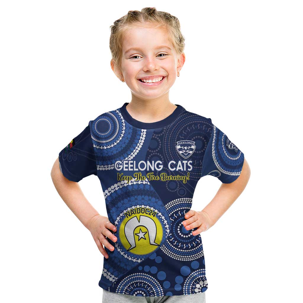 Custom AFL Geelong NAIDOC Week Kid T Shirt Keep The Fire Burning Indigenous Art