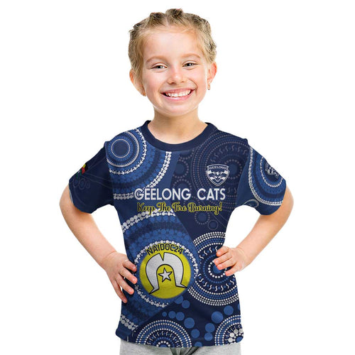 Custom AFL Geelong NAIDOC Week Kid T Shirt Keep The Fire Burning Indigenous Art