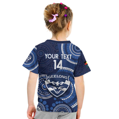 Custom AFL Geelong NAIDOC Week Kid T Shirt Keep The Fire Burning Indigenous Art