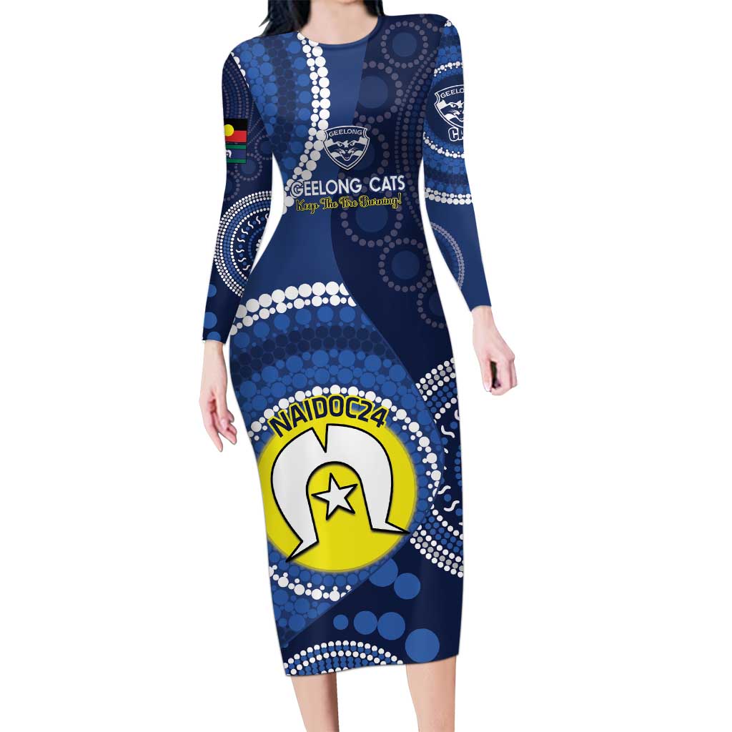 Custom AFL Geelong NAIDOC Week Long Sleeve Bodycon Dress Keep The Fire Burning Indigenous Art