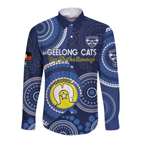 Custom AFL Geelong NAIDOC Week Long Sleeve Button Shirt Keep The Fire Burning Indigenous Art