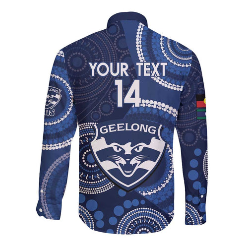 Custom AFL Geelong NAIDOC Week Long Sleeve Button Shirt Keep The Fire Burning Indigenous Art