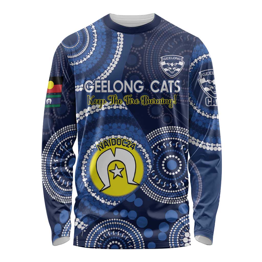 Custom AFL Geelong NAIDOC Week Long Sleeve Shirt Keep The Fire Burning Indigenous Art