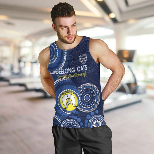 Custom AFL Geelong NAIDOC Week Men Tank Top Keep The Fire Burning Indigenous Art