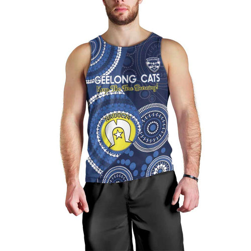 Custom AFL Geelong NAIDOC Week Men Tank Top Keep The Fire Burning Indigenous Art