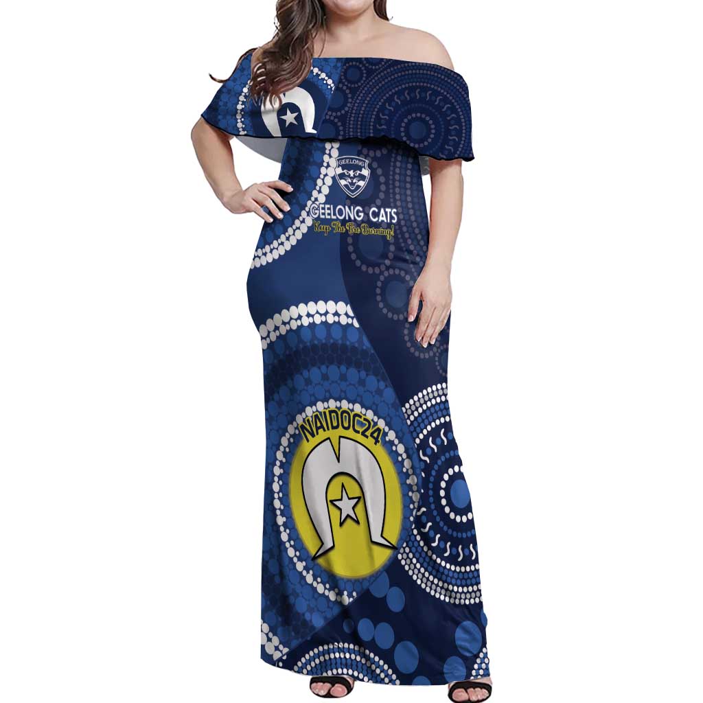 Custom AFL Geelong NAIDOC Week Off Shoulder Maxi Dress Keep The Fire Burning Indigenous Art