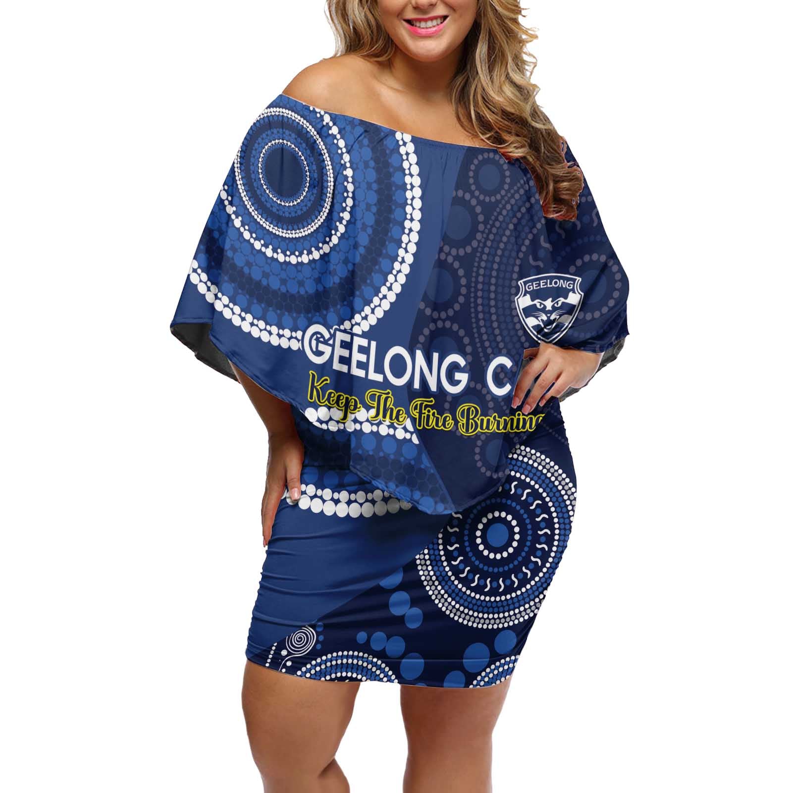 Custom AFL Geelong NAIDOC Week Off Shoulder Short Dress Keep The Fire Burning Indigenous Art