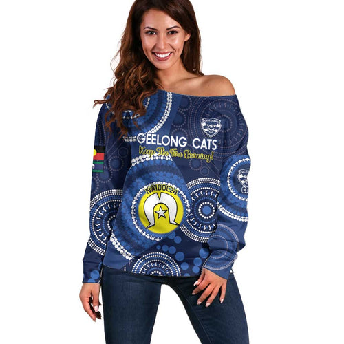 Custom AFL Geelong NAIDOC Week Off Shoulder Sweater Keep The Fire Burning Indigenous Art