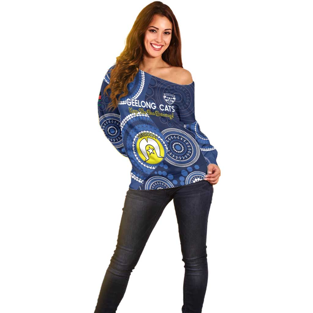 Custom AFL Geelong NAIDOC Week Off Shoulder Sweater Keep The Fire Burning Indigenous Art
