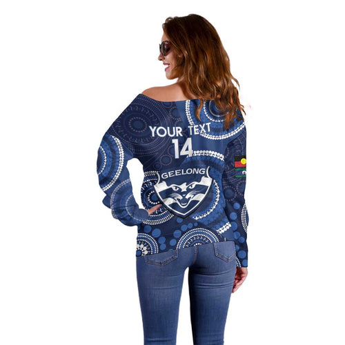 Custom AFL Geelong NAIDOC Week Off Shoulder Sweater Keep The Fire Burning Indigenous Art