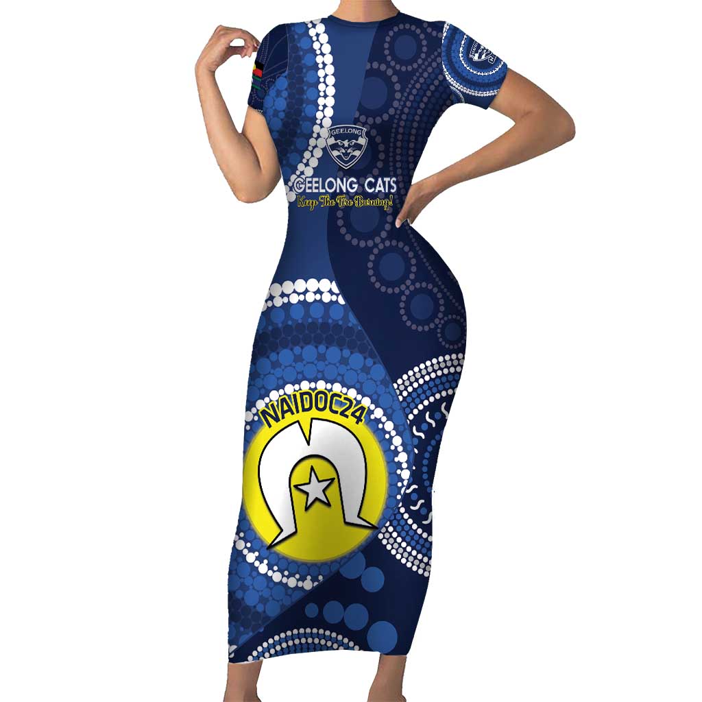 Custom AFL Geelong NAIDOC Week Short Sleeve Bodycon Dress Keep The Fire Burning Indigenous Art