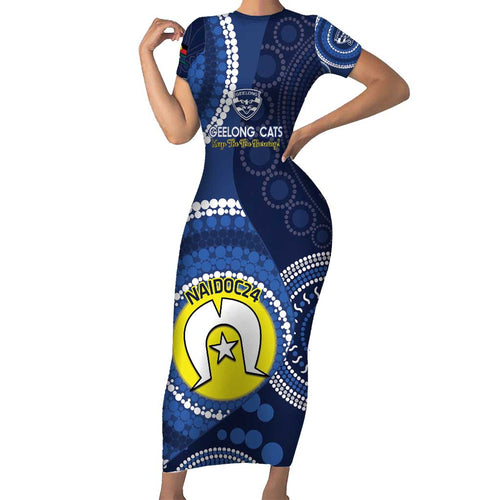 Custom AFL Geelong NAIDOC Week Short Sleeve Bodycon Dress Keep The Fire Burning Indigenous Art