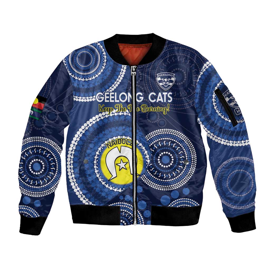 Custom AFL Geelong NAIDOC Week Sleeve Zip Bomber Jacket Keep The Fire Burning Indigenous Art