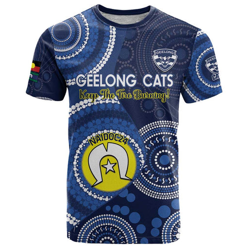 Custom AFL Geelong NAIDOC Week T Shirt Keep The Fire Burning Indigenous Art