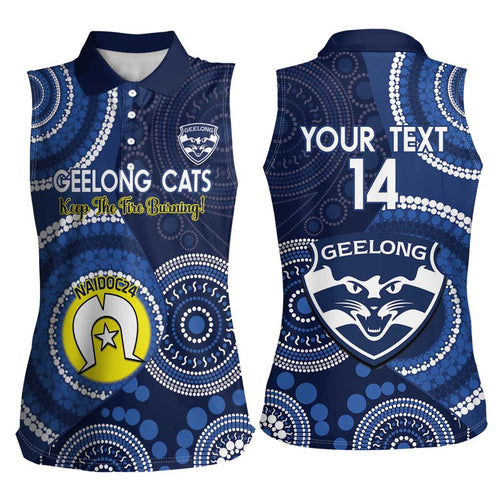 Custom AFL Geelong NAIDOC Week Women Sleeveless Polo Shirt Keep The Fire Burning Indigenous Art