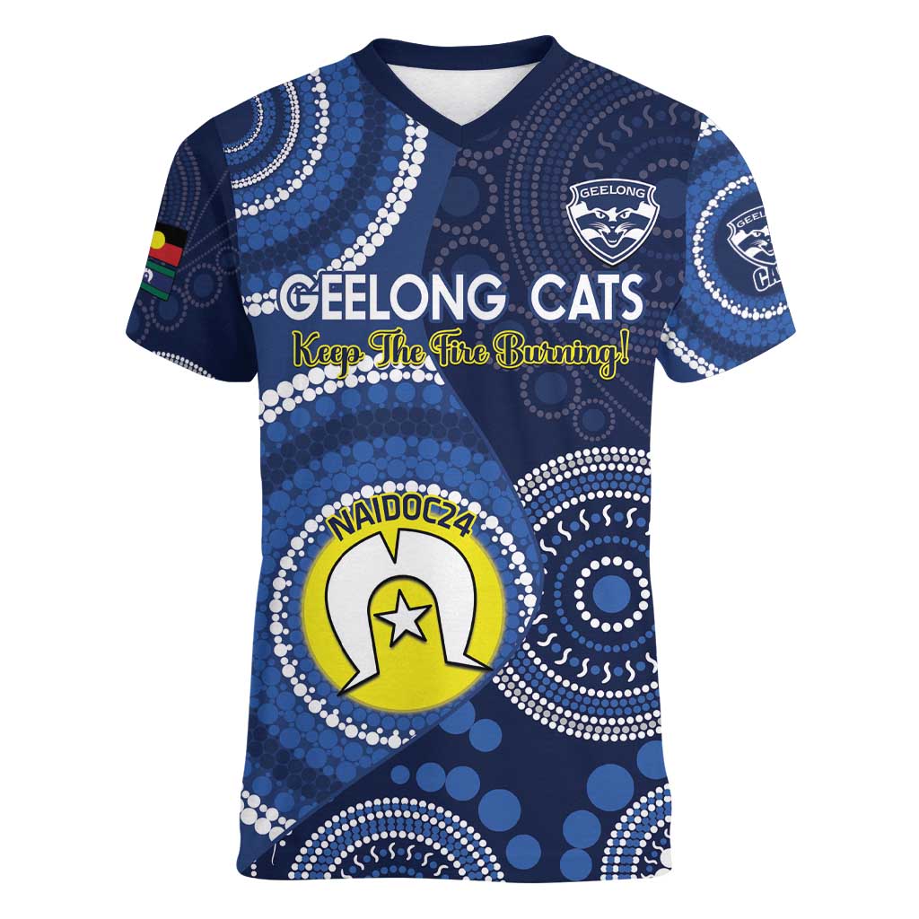 Custom AFL Geelong NAIDOC Week Women V-Neck T-Shirt Keep The Fire Burning Indigenous Art