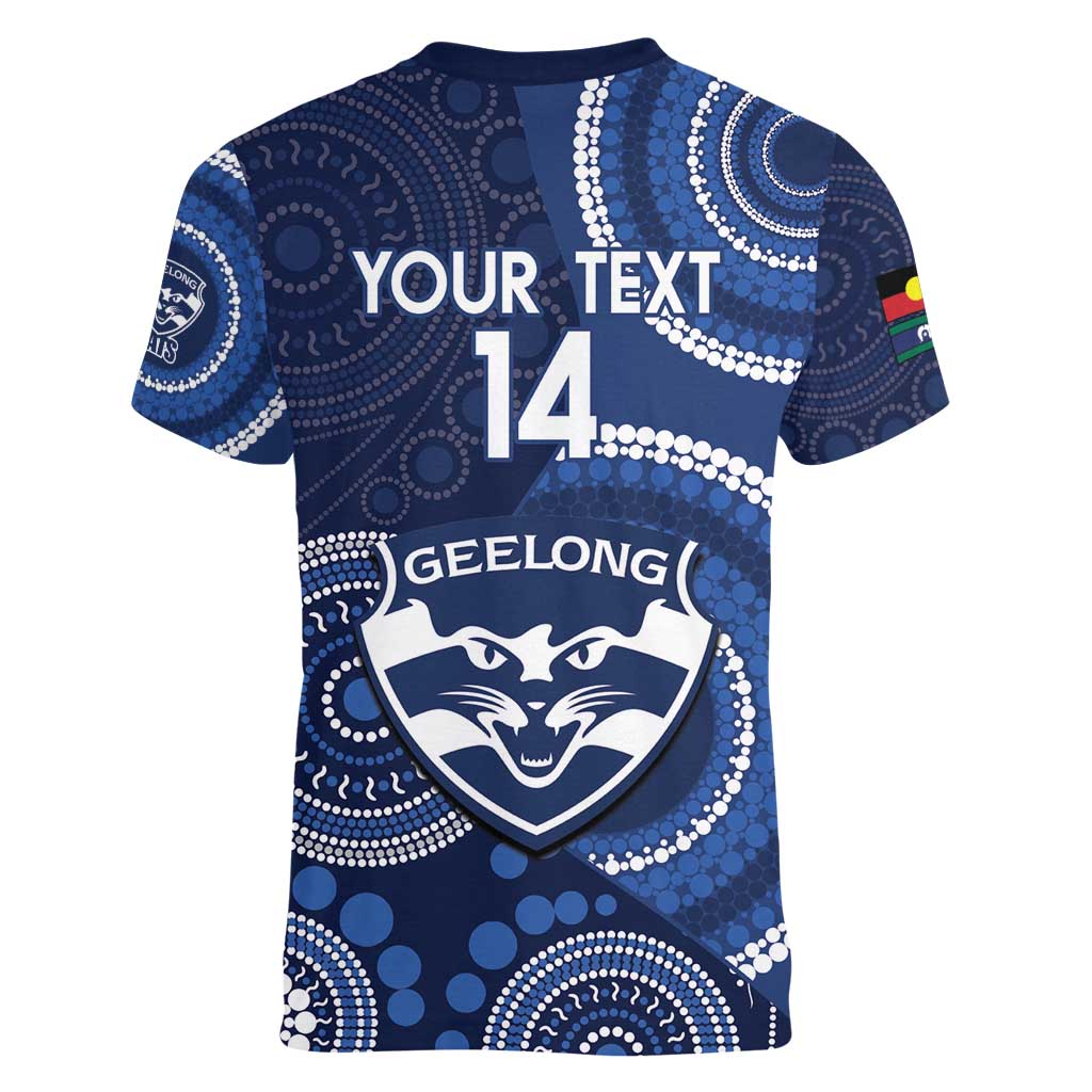Custom AFL Geelong NAIDOC Week Women V-Neck T-Shirt Keep The Fire Burning Indigenous Art