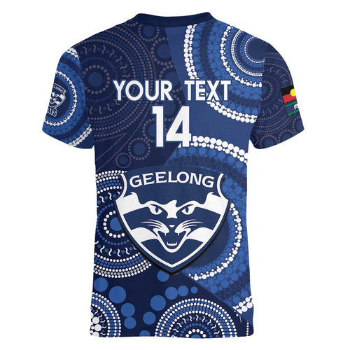Custom AFL Geelong NAIDOC Week Women V-Neck T-Shirt Keep The Fire Burning Indigenous Art
