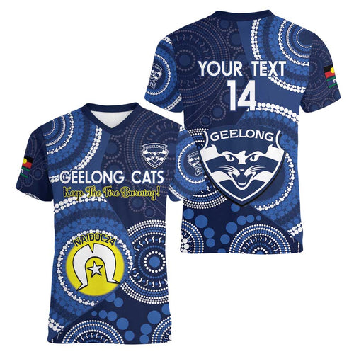 Custom AFL Geelong NAIDOC Week Women V-Neck T-Shirt Keep The Fire Burning Indigenous Art