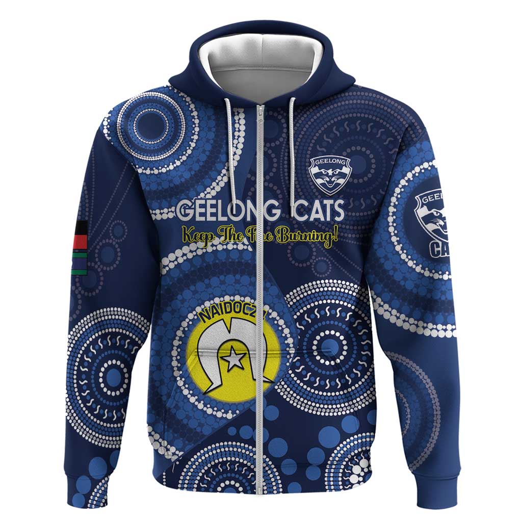 Custom AFL Geelong NAIDOC Week Zip Hoodie Keep The Fire Burning Indigenous Art