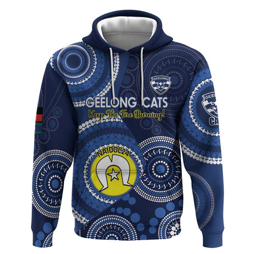 Custom AFL Geelong NAIDOC Week Zip Hoodie Keep The Fire Burning Indigenous Art