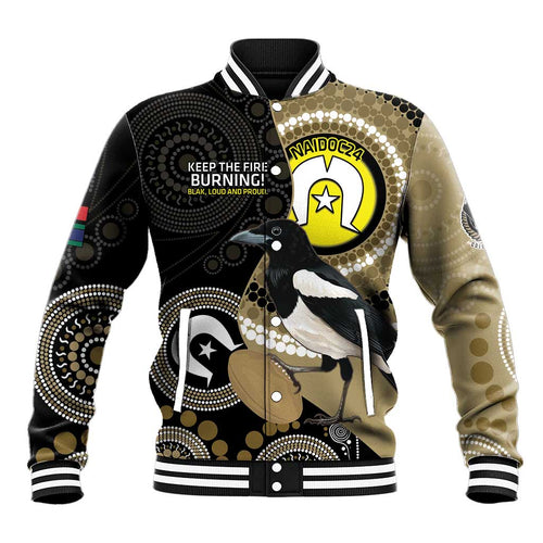 Custom AFL Collingwood NAIDOC Week Baseball Jacket Keep The Fire Burning Indigenous Art