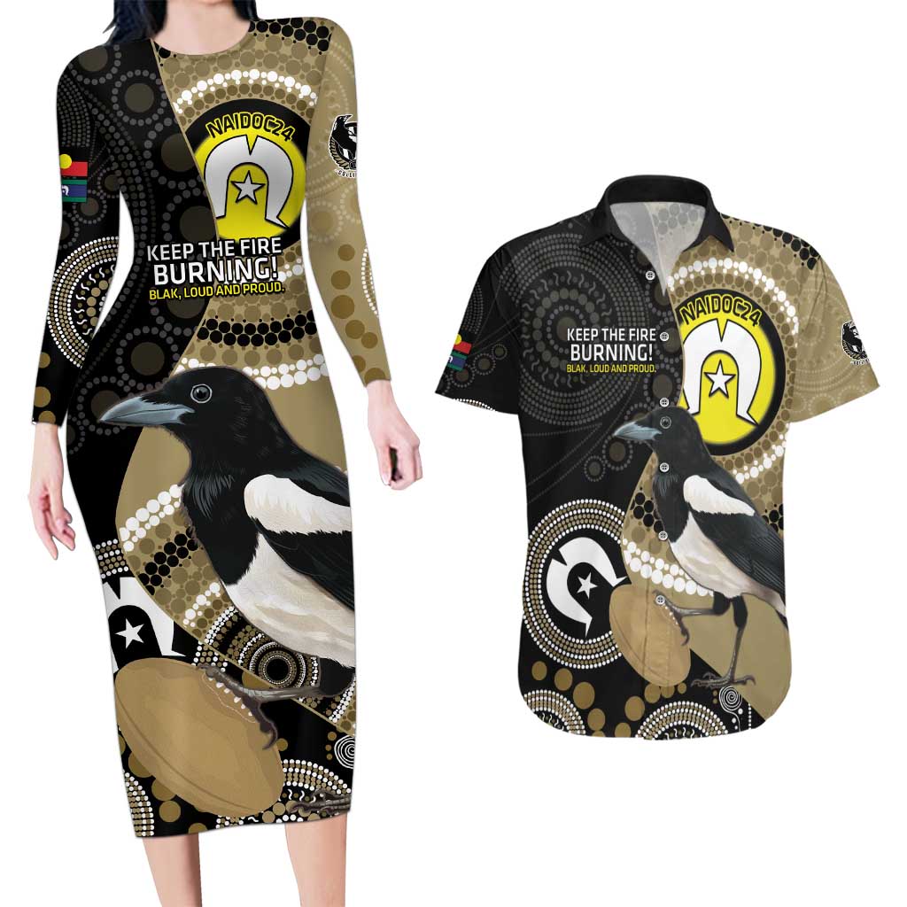 Custom AFL Collingwood NAIDOC Week Couples Matching Long Sleeve Bodycon Dress and Hawaiian Shirt Keep The Fire Burning Indigenous Art