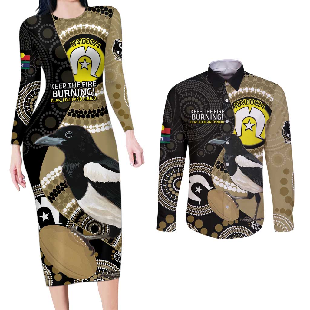 Custom AFL Collingwood NAIDOC Week Couples Matching Long Sleeve Bodycon Dress and Long Sleeve Button Shirt Keep The Fire Burning Indigenous Art