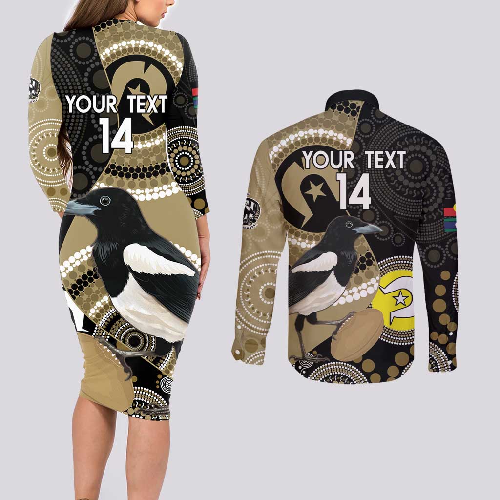 Custom AFL Collingwood NAIDOC Week Couples Matching Long Sleeve Bodycon Dress and Long Sleeve Button Shirt Keep The Fire Burning Indigenous Art