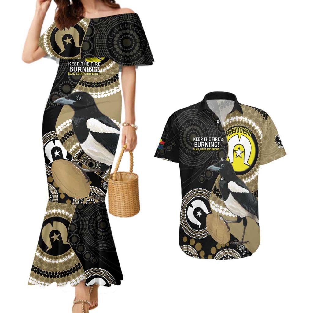 Custom AFL Collingwood NAIDOC Week Couples Matching Mermaid Dress and Hawaiian Shirt Keep The Fire Burning Indigenous Art