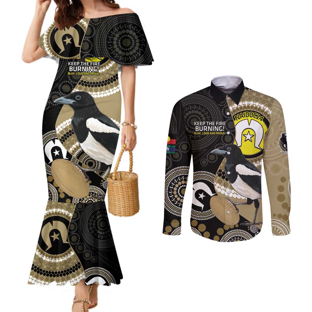 Custom AFL Collingwood NAIDOC Week Couples Matching Mermaid Dress and Long Sleeve Button Shirt Keep The Fire Burning Indigenous Art