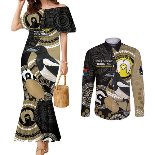 Custom AFL Collingwood NAIDOC Week Couples Matching Mermaid Dress and Long Sleeve Button Shirt Keep The Fire Burning Indigenous Art