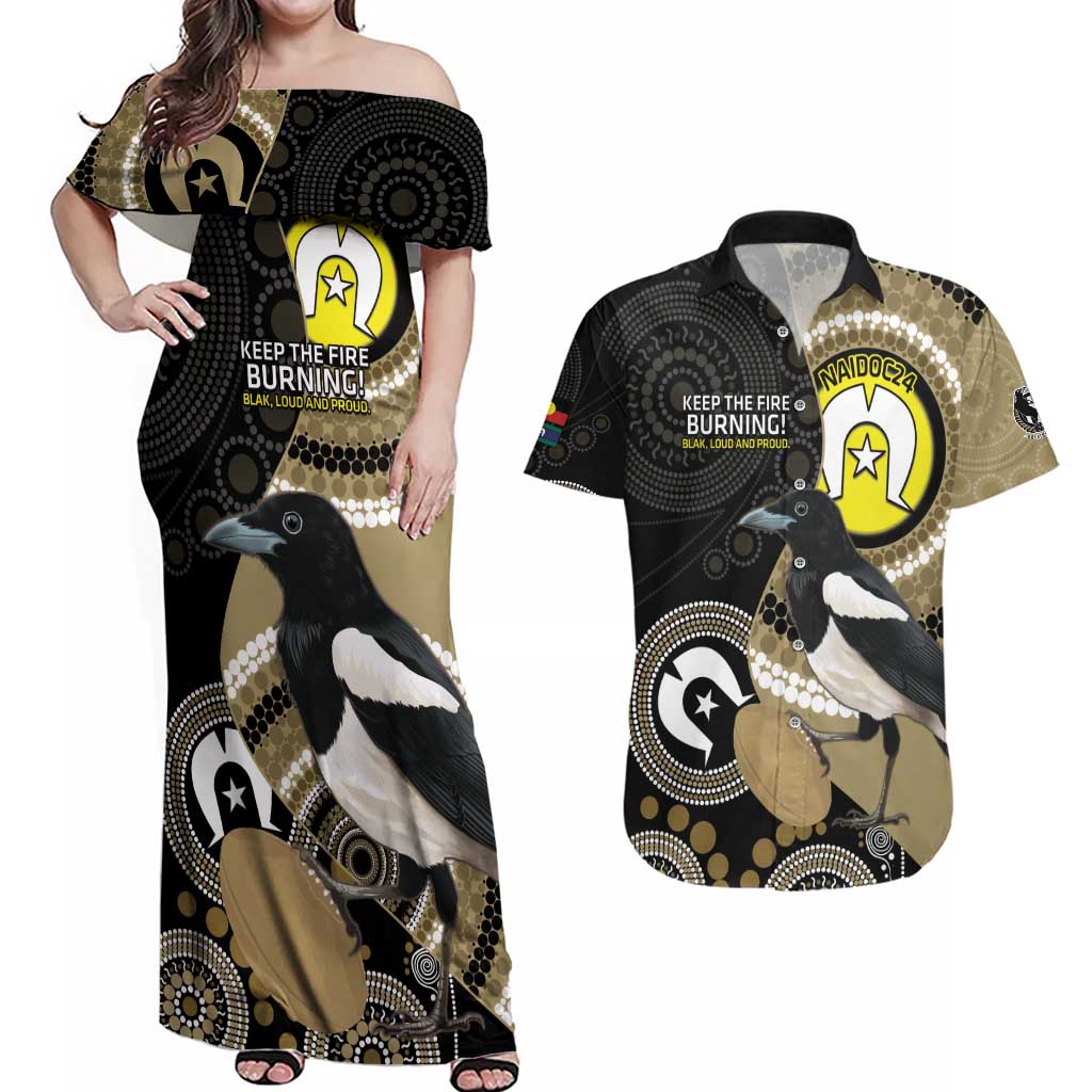 Custom AFL Collingwood NAIDOC Week Couples Matching Off Shoulder Maxi Dress and Hawaiian Shirt Keep The Fire Burning Indigenous Art