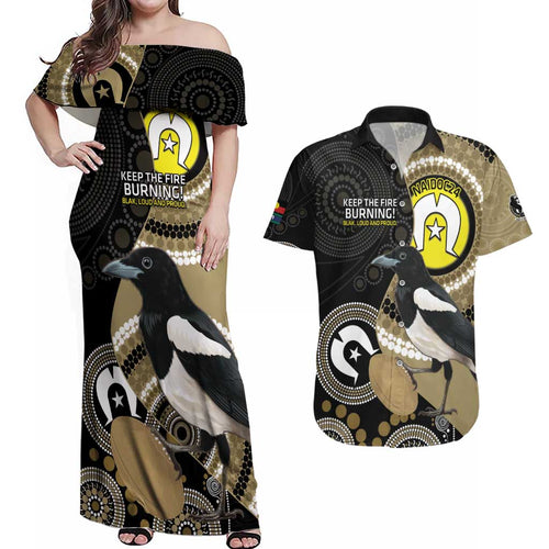 Custom AFL Collingwood NAIDOC Week Couples Matching Off Shoulder Maxi Dress and Hawaiian Shirt Keep The Fire Burning Indigenous Art