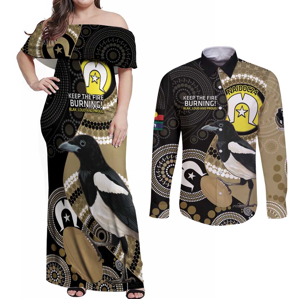 Custom AFL Collingwood NAIDOC Week Couples Matching Off Shoulder Maxi Dress and Long Sleeve Button Shirt Keep The Fire Burning Indigenous Art