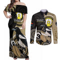 Custom AFL Collingwood NAIDOC Week Couples Matching Off Shoulder Maxi Dress and Long Sleeve Button Shirt Keep The Fire Burning Indigenous Art