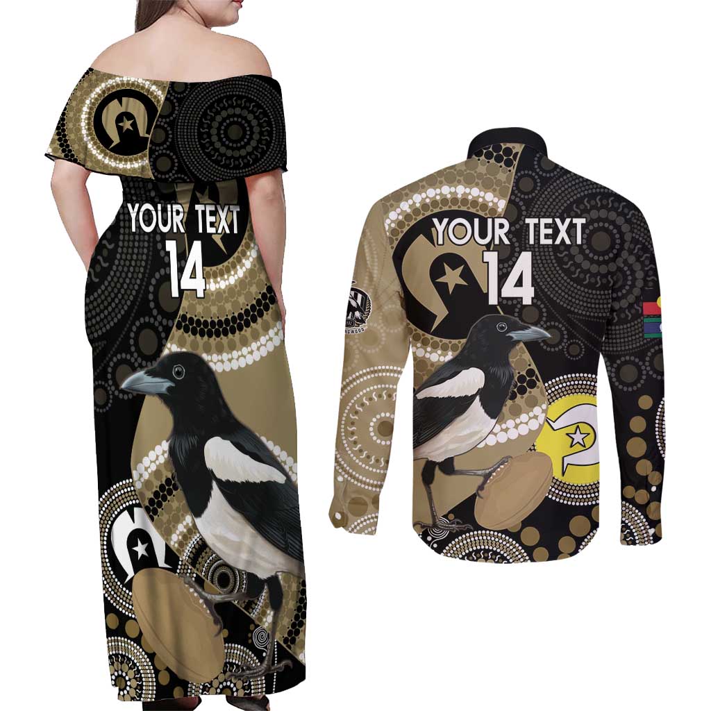 Custom AFL Collingwood NAIDOC Week Couples Matching Off Shoulder Maxi Dress and Long Sleeve Button Shirt Keep The Fire Burning Indigenous Art