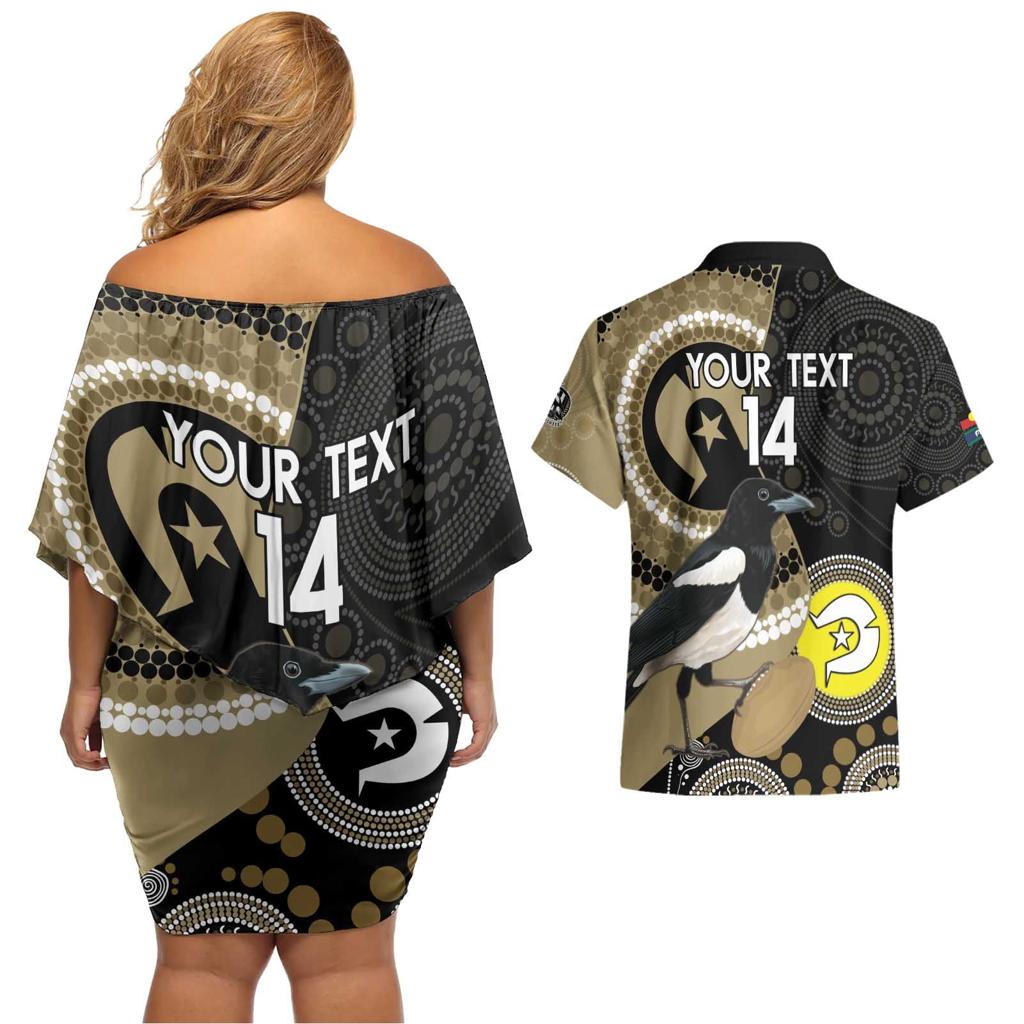 Custom AFL Collingwood NAIDOC Week Couples Matching Off Shoulder Short Dress and Hawaiian Shirt Keep The Fire Burning Indigenous Art